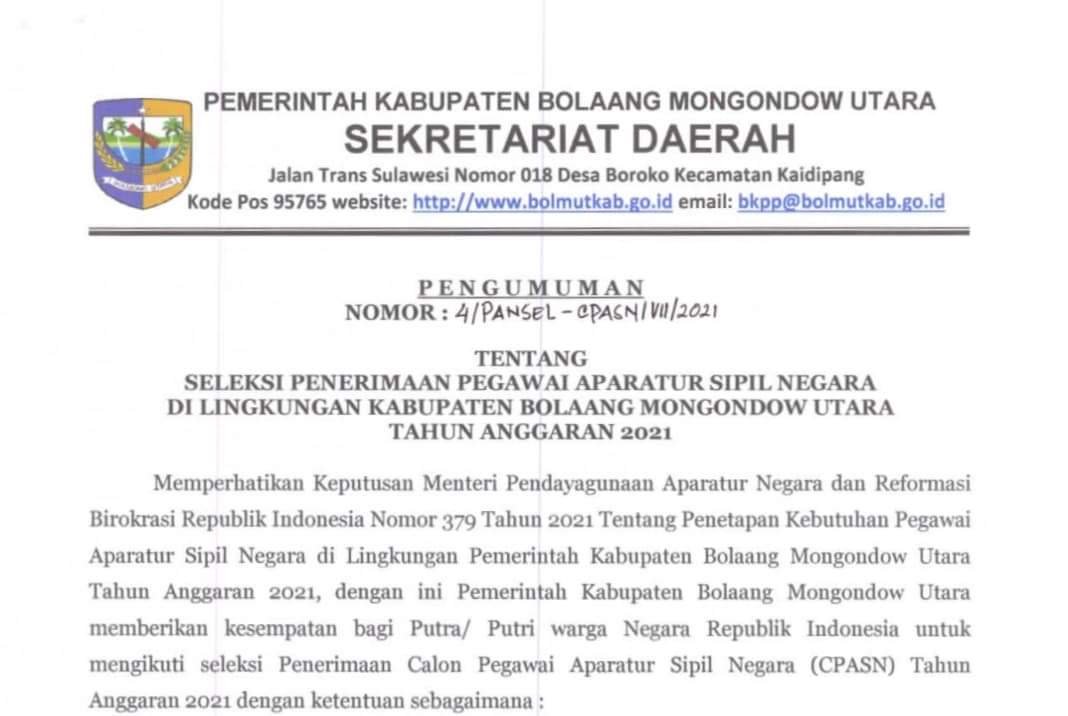 Pendaftaran CPASN Bolmut 2021 Resmi Diumumkan