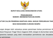 Pemda Bolmut Umumkan Penerima Bantuan Awal Masuk Perguruan Tinggi Bagi Mahasiswa Kurang Mampu